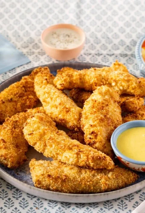 Pioneer Woman air fryer chicken tenders on a blue plate with honey mustard and BBQ dipping sauces