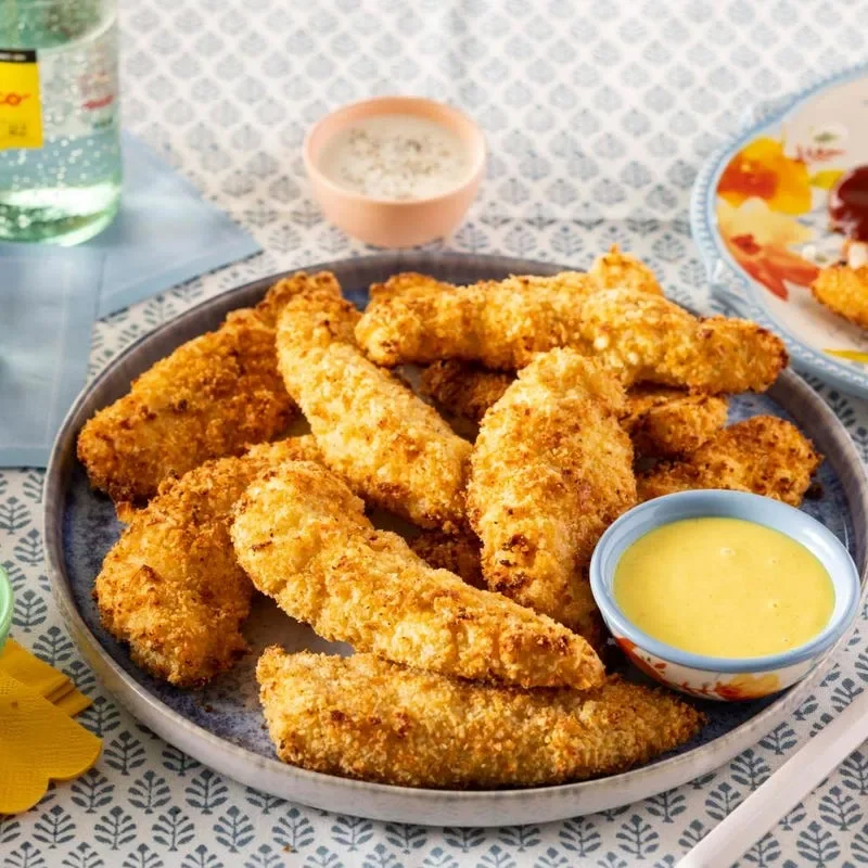 Pioneer Woman air fryer chicken tenders on a blue plate with honey mustard and BBQ dipping sauces