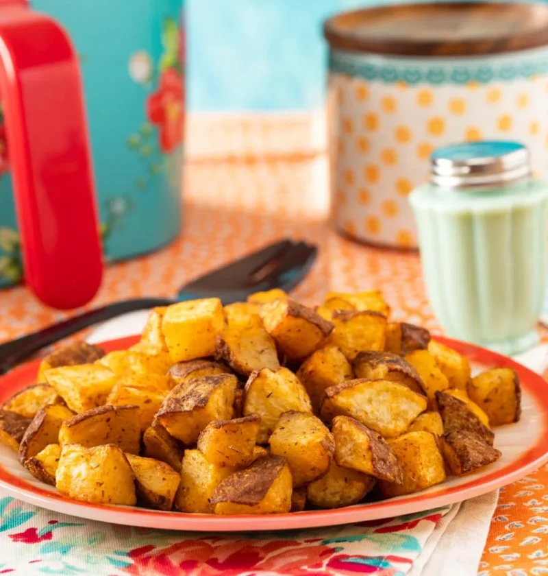 pioneer woman air fryer potatoes cubed and golden crispy in an air fryer basket with paprika seasoning