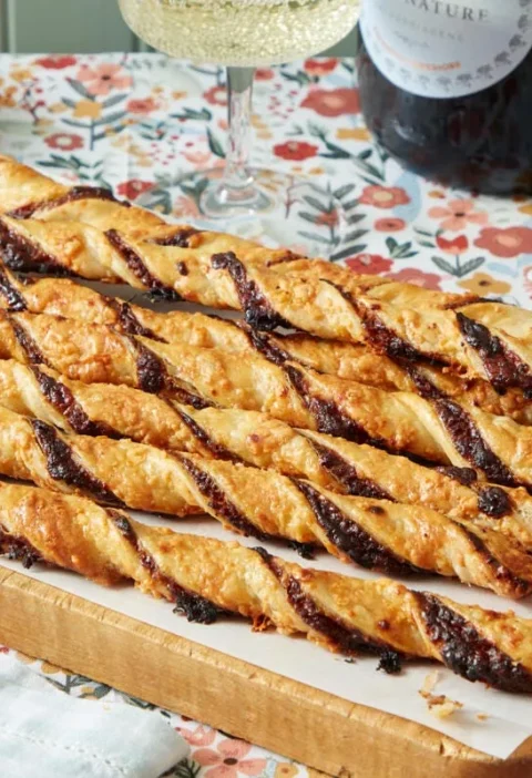 Apple butter cheese twists made with puff pastry, cheddar and parmesan, twisted into golden spirals on a baking sheet