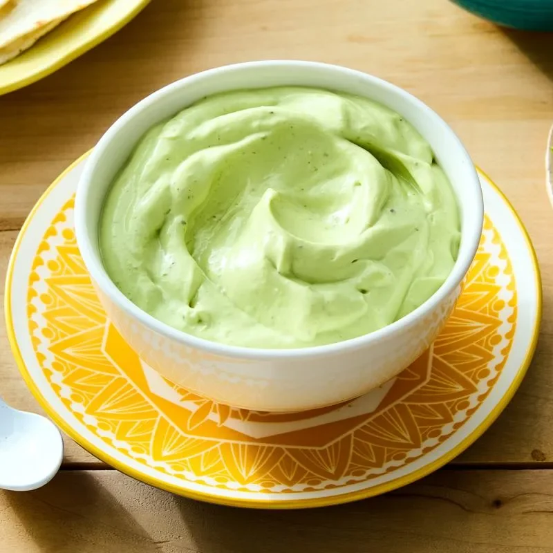 Bowl of smooth Pioneer Woman avocado crema made with sour cream and lime, drizzled on a serving plate