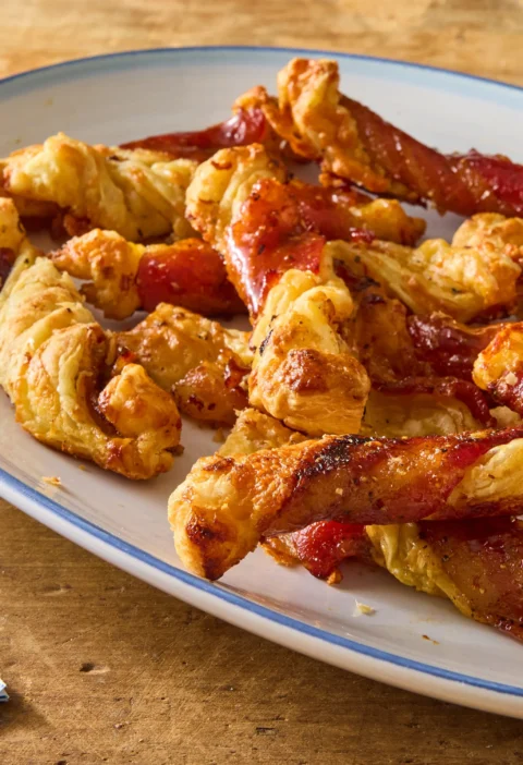 Bacon cheese straws twisted with candied bacon and melted cheddar on a parchment-lined baking sheet, a pioneer woman bacon cheese straws recipe