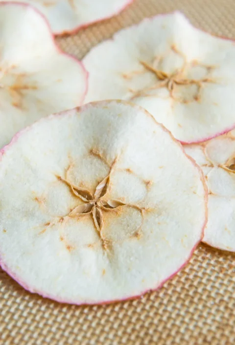 Crispy baked apple chips with cinnamon sugar coating arranged on a surface showing their thin translucent texture