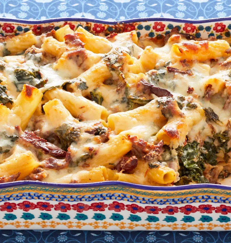 Baked pasta with Italian sausage, kale and melted mozzarella in a white baking dish, showing golden bubbly cheese on top