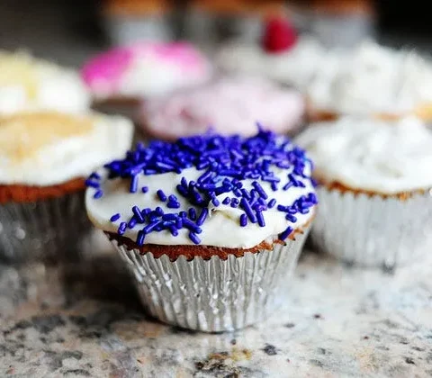 Vanilla cupcakes with vanilla cream cheese icing displayed on a surface, showing fluffy white frosted cupcakes